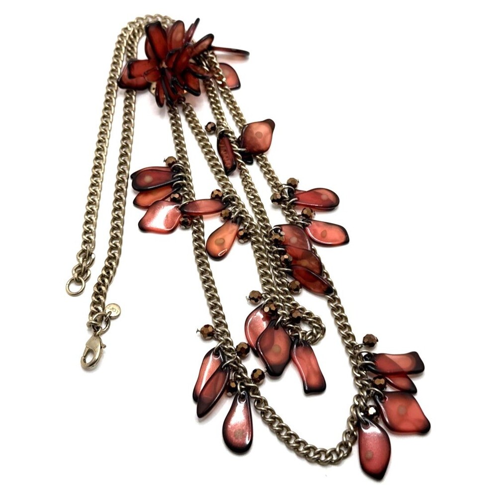 Ann Taylor LOFT Lucite Faux Amber Dangle Double Chain Necklace Long Statement